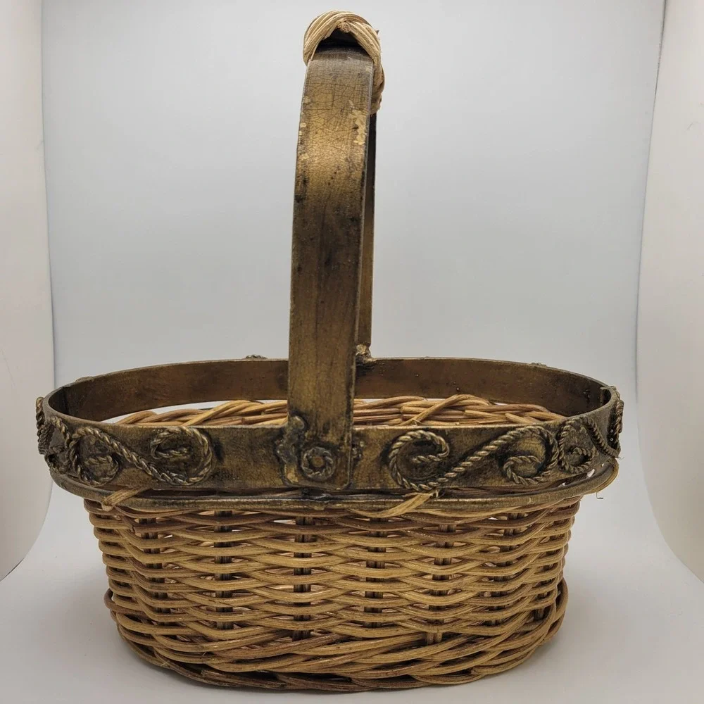 Vintage Wicker Basket Metal Rim Handle Small Cottagecore Farmhouse Rustic Decor